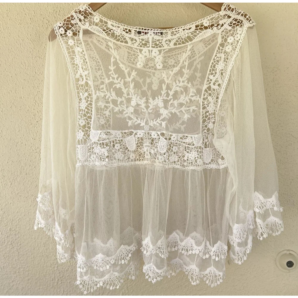 Love Culture Sheer Mesh Crochet Lace Bell Sleeve Blouse Boho Coquette Festival - Picture 5 of 8